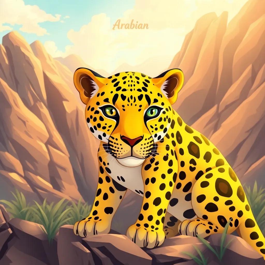 A beautiful Arabian leopard in a rocky mountain landscape, showcasing its yellow fur with black spots, digital art, vibrant details, warm sunlight, majestic and wild atmosphere, high quality