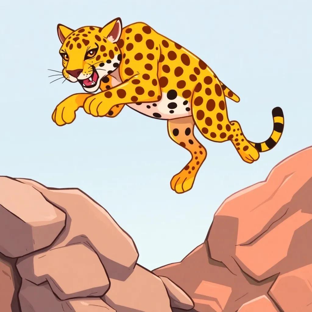 An Arabian leopard leaping gracefully over a rocky terrain, demonstrating its powerful legs, illustration, dynamic motion, bright colors, capturing agility, child-friendly