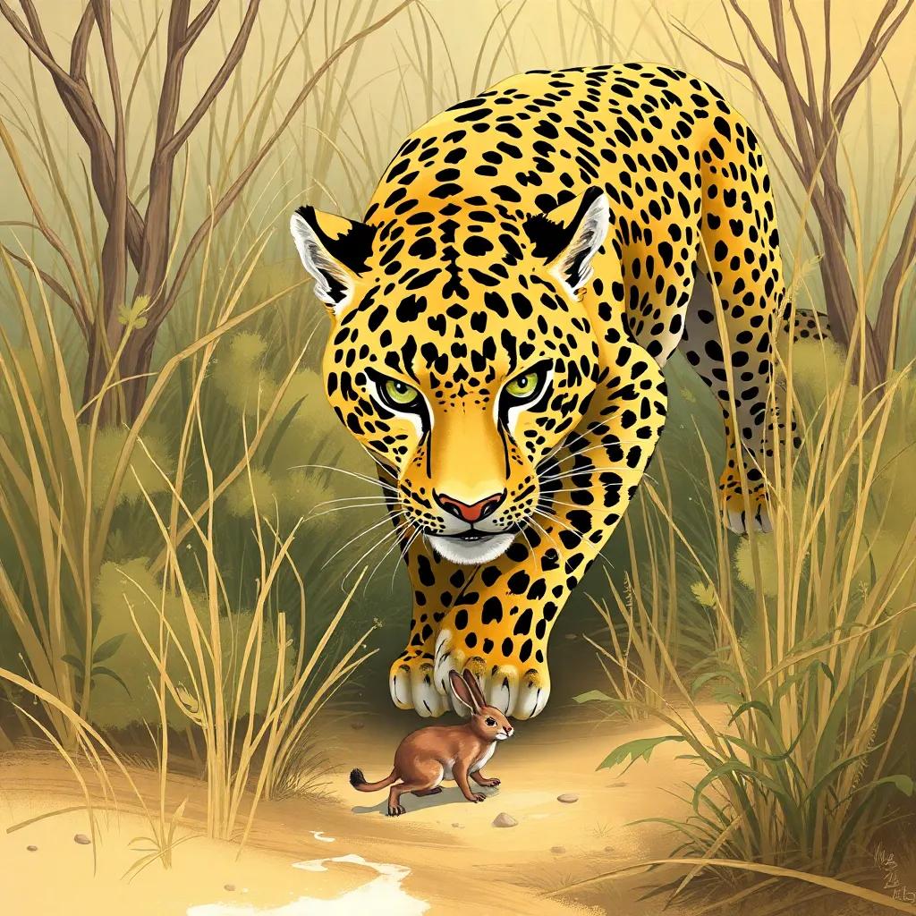 An Arabian leopard stalking its prey, like a desert hare in the underbrush, highlighting its stealth, digital painting, natural colors, focused and intense mood, fantasy
