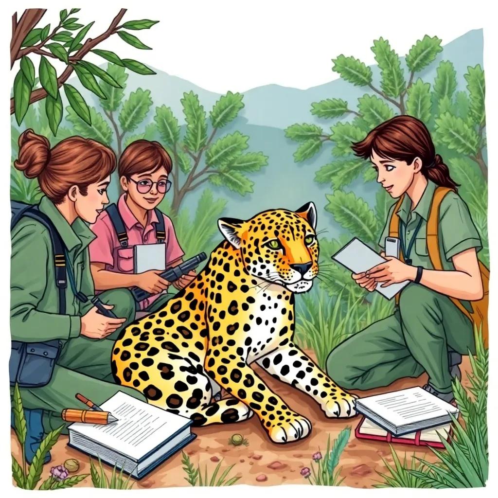 A team of dedicated conservationists studying an Arabian leopard in its natural habitat, surrounded by research equipment and notebooks, colorful, engaging atmosphere, child-friendly