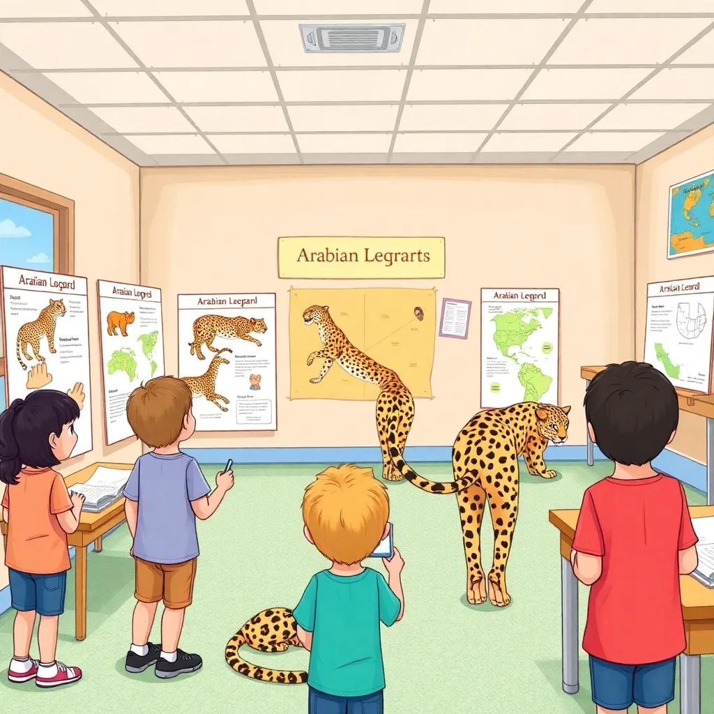 An educational exhibit about Arabian leopards in a classroom setting, with children looking at informative posters and models, bright colors, inviting and educational environment, high quality