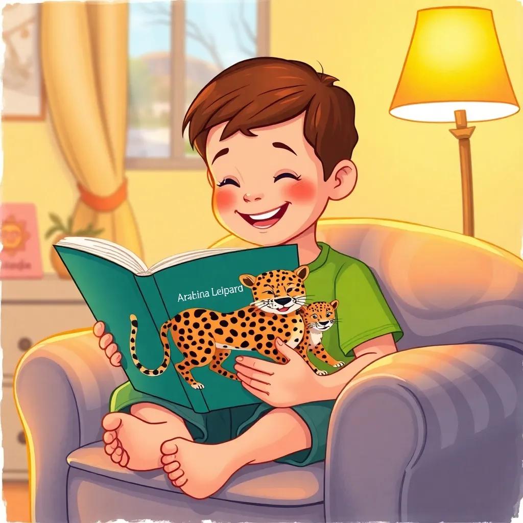 A young boy reading a book about Arabian leopards, sitting on a comfy chair with a cozy room ambiance, warm colors, joyful expression, inviting atmosphere, high quality