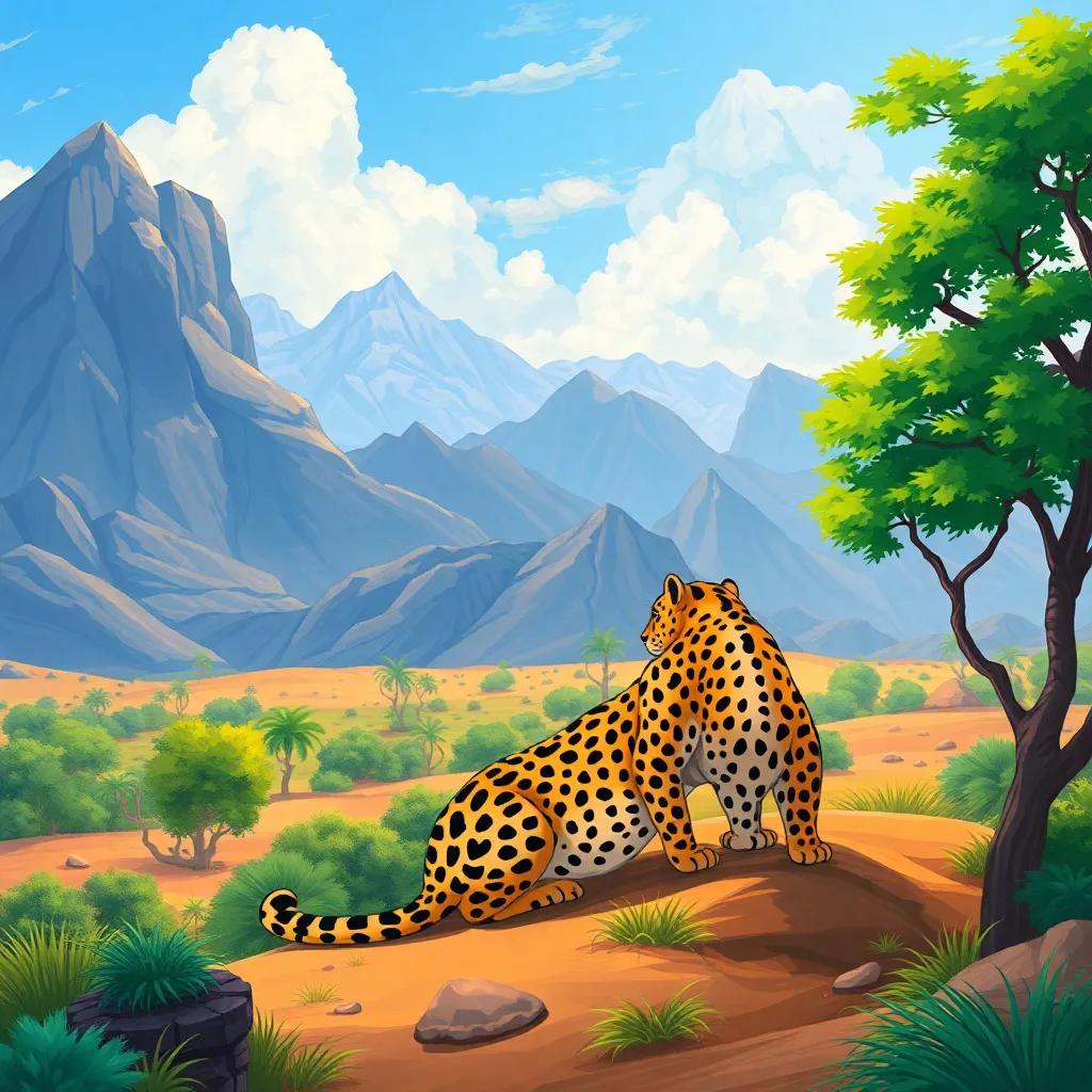 A beautiful Arabian landscape showcasing the leopard's habitat, including mountains, trees, and deserts, digital painting, vivid colors, serene and natural feeling, high quality