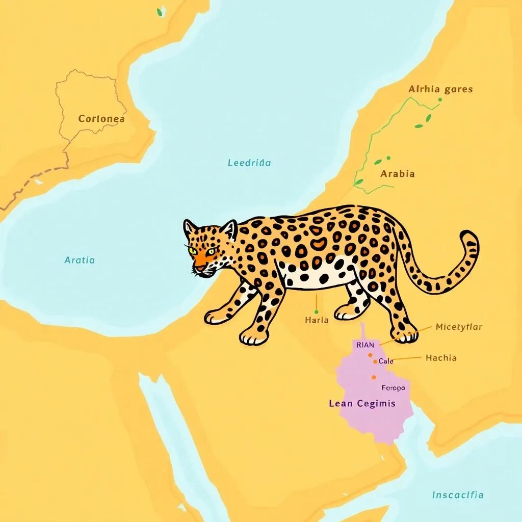 An illustrated map of the Arabian leopard's habitat and distribution, highlighting important conservation areas, colorful, informative, engaging for children, high quality