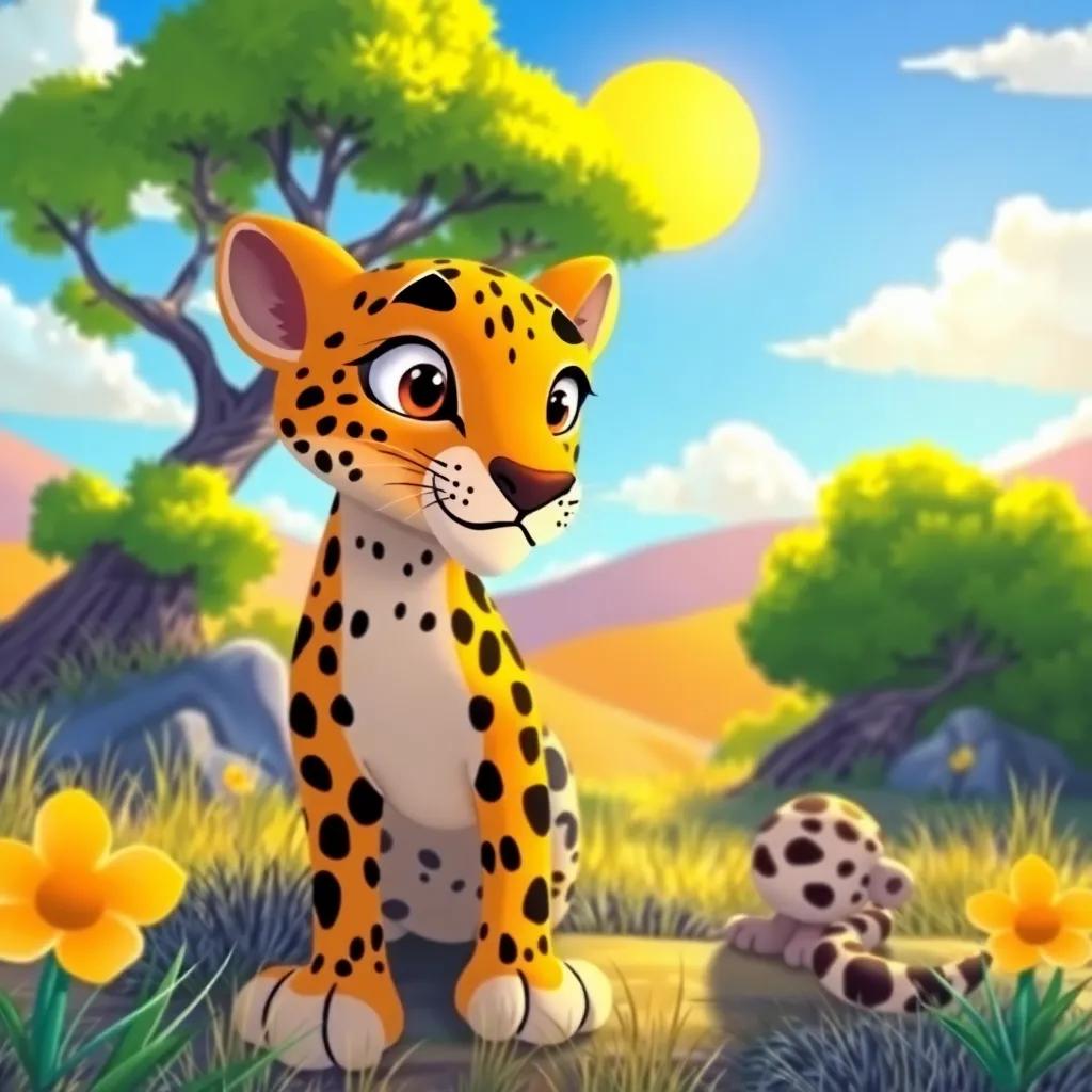 A sunny landscape with an Arabian leopard looking around with concern, vibrant colors, peaceful atmosphere, illustration style, bright and cheerful