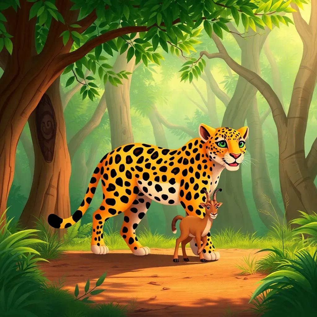 An Arabian leopard walking through a lush green forest, accompanied by a small, friendly gazelle, warm colors, adventure-themed, child-friendly illustration