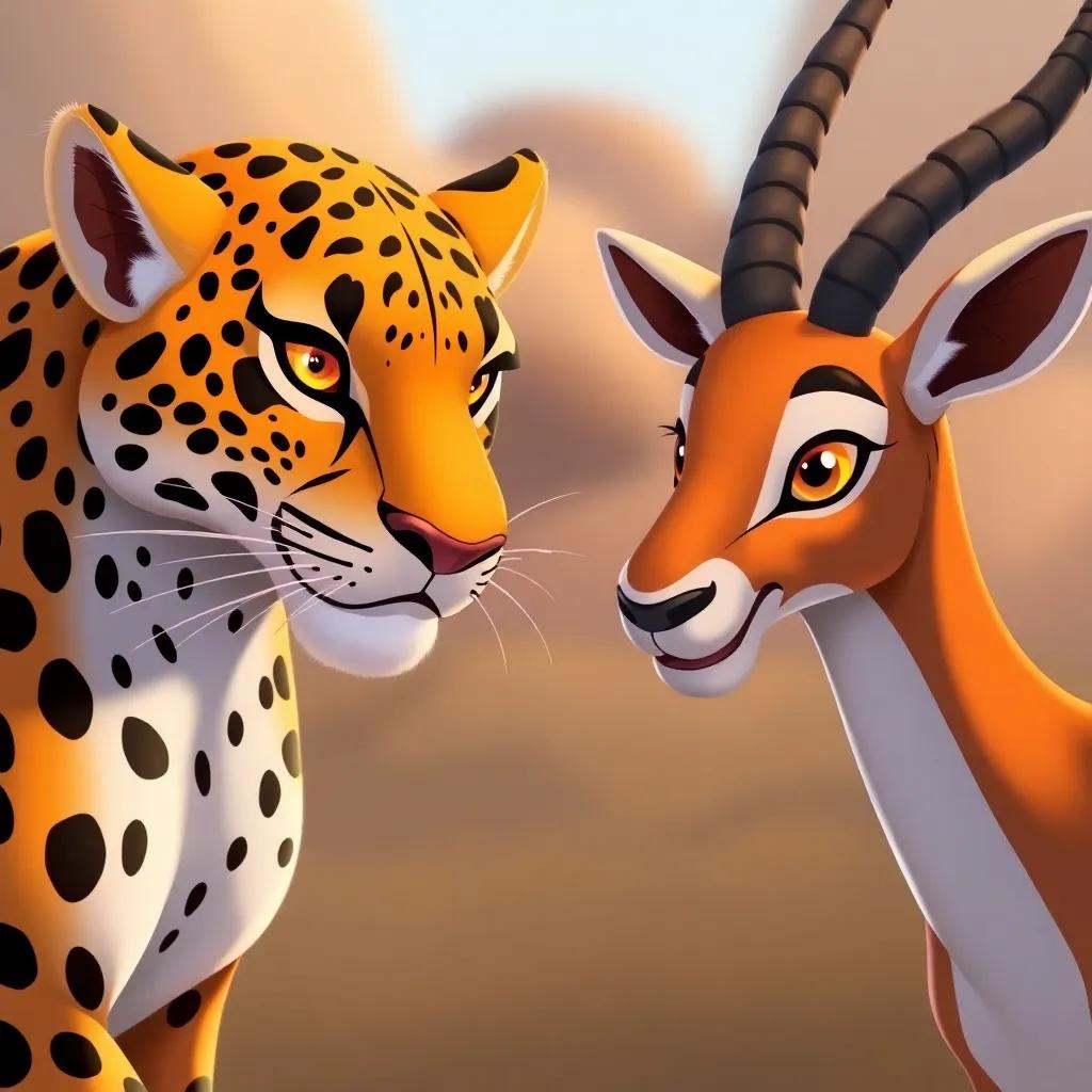 The Arabian leopard and the gazelle discussing with a determined look as they see signs of hunting, vibrant colors, a sense of urgency, cartoon style