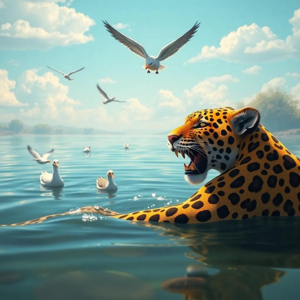 A beautiful lake scene where birds are swimming, showing the frustration of the Arabian leopard feeling hungry, colorful and serene, joyful mood