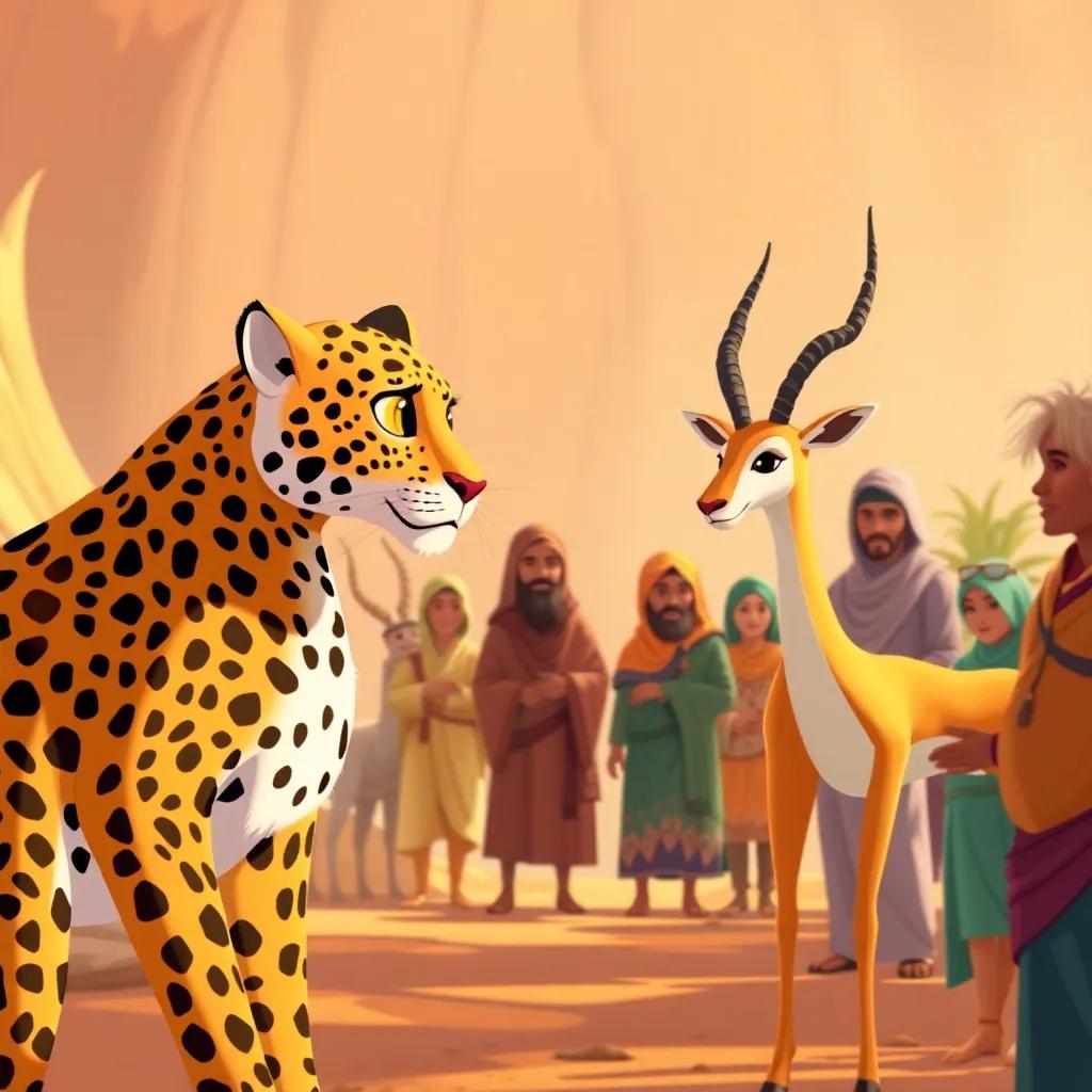 The Arabian leopard and the gazelle approaching a group of humans, trying to communicate, bright colors, child-friendly illustration, hopeful atmosphere