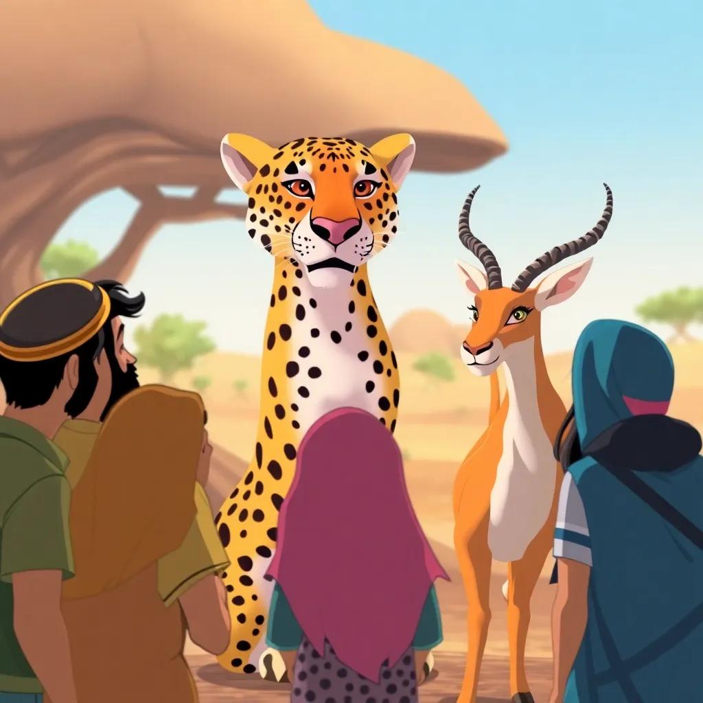 Humans listening intently to the Arabian leopard and the gazelle, colorful and engaging scene, friendly and inviting, illustration style