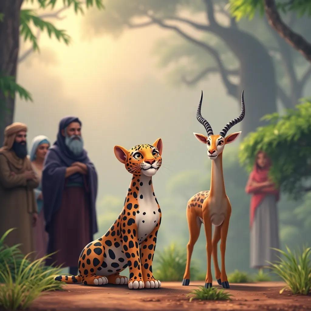 A group of people making laws to protect the forest, the Arabian leopard and gazelle looking hopeful, vibrant colors, inspirational theme