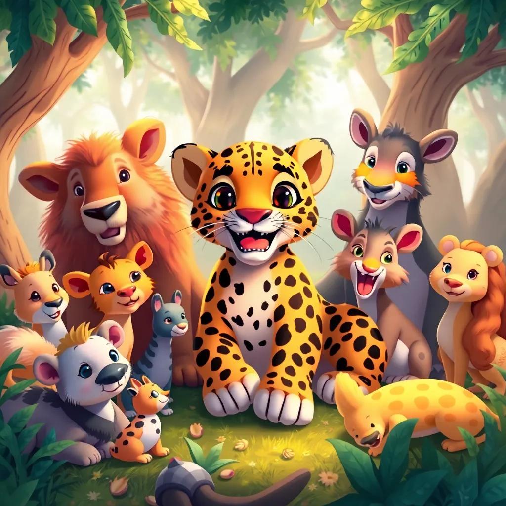 The Arabian leopard happily surrounded by its friends and forest animals, beautiful colors, warm atmosphere, community-focused illustration