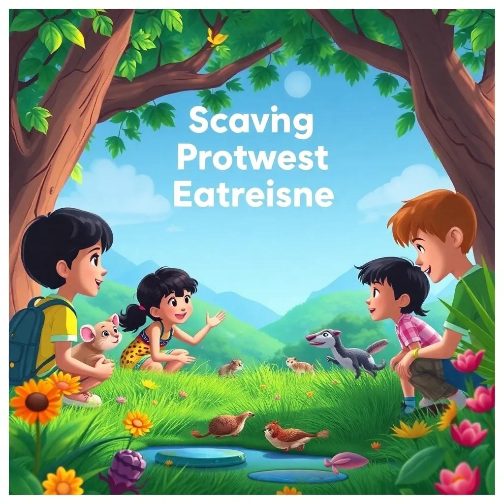A scene showing a strong promise to protect nature, children learning about wildlife conservation, colorful and vibrant, educational theme