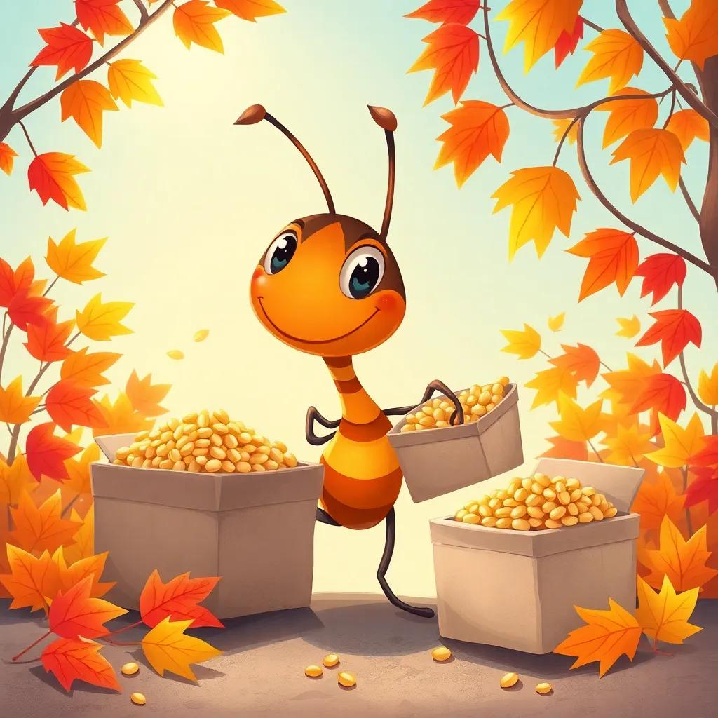 A small ant, with a cheerful expression, carrying grains and filling small boxes, surrounded by colorful autumn leaves and bright sunshine, illustration, vibrant and inviting, cozy atmosphere, high quality