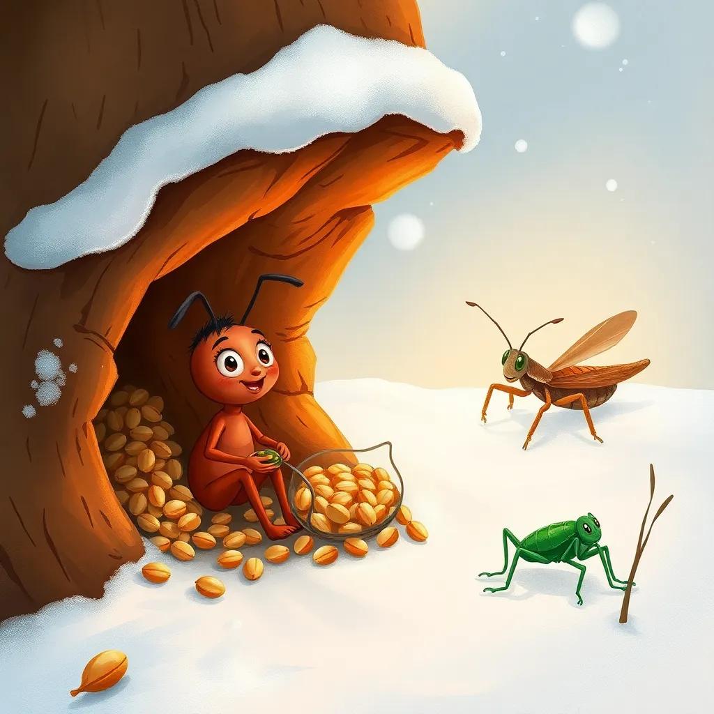 A cold winter scene showing the small ant in her warm home, happily enjoying stored grains while the lazy grasshopper shivers outside in the snow, digital art, detailed and cozy, contrasting colors, heartwarming imagery