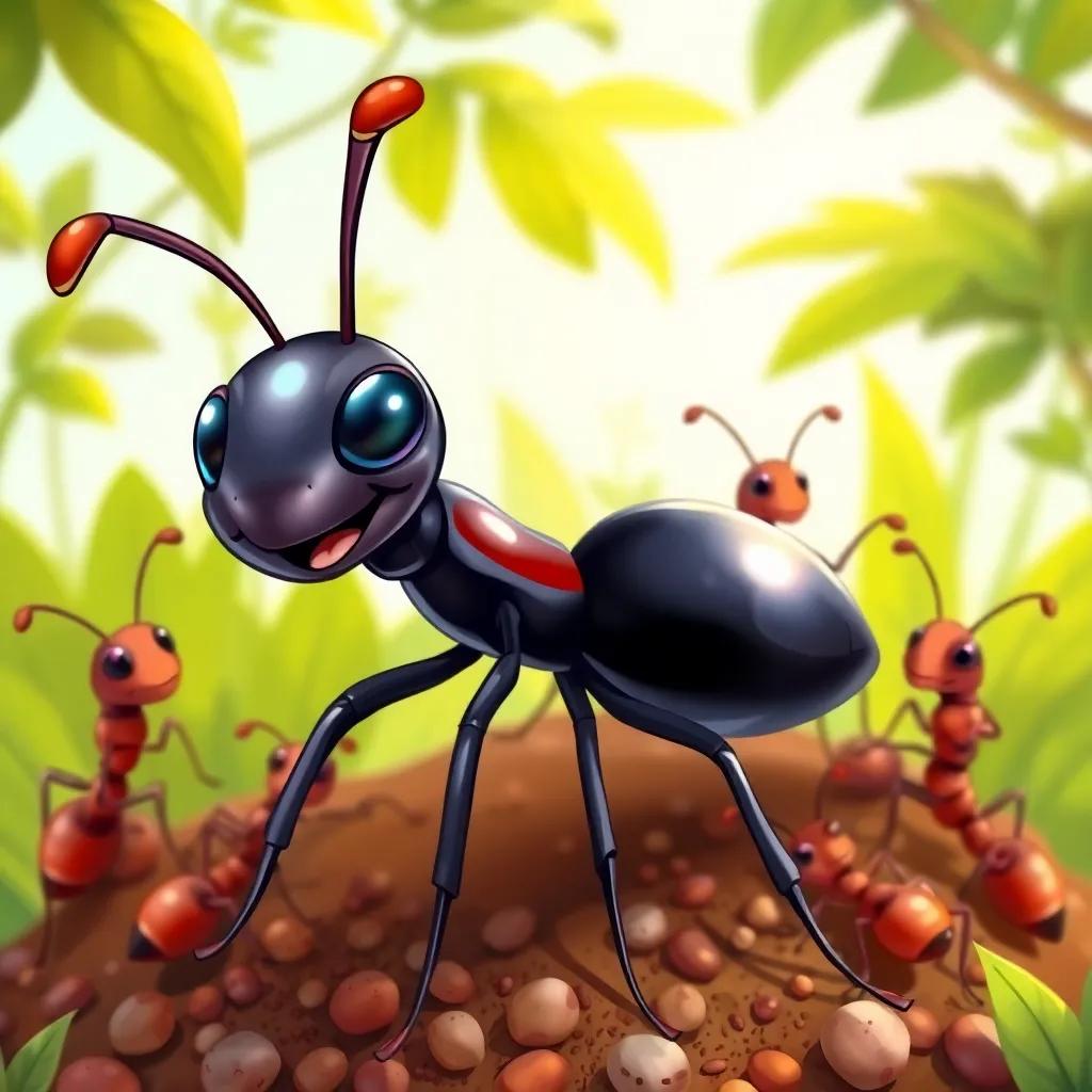 A proud ant, Maryam, with shiny black body and delicate antennae, boasting in front of her ant friends in a lush green ant hill, cartoon style, cheerful atmosphere, bright colors, high-quality illustration