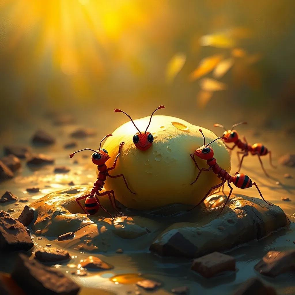 A moment of teamwork with Maryam, the proud ant, trapped in mud while her friends pull a large food item together, showing determination and unity, digital art, warm light, vibrant colors, storytelling view, high quality