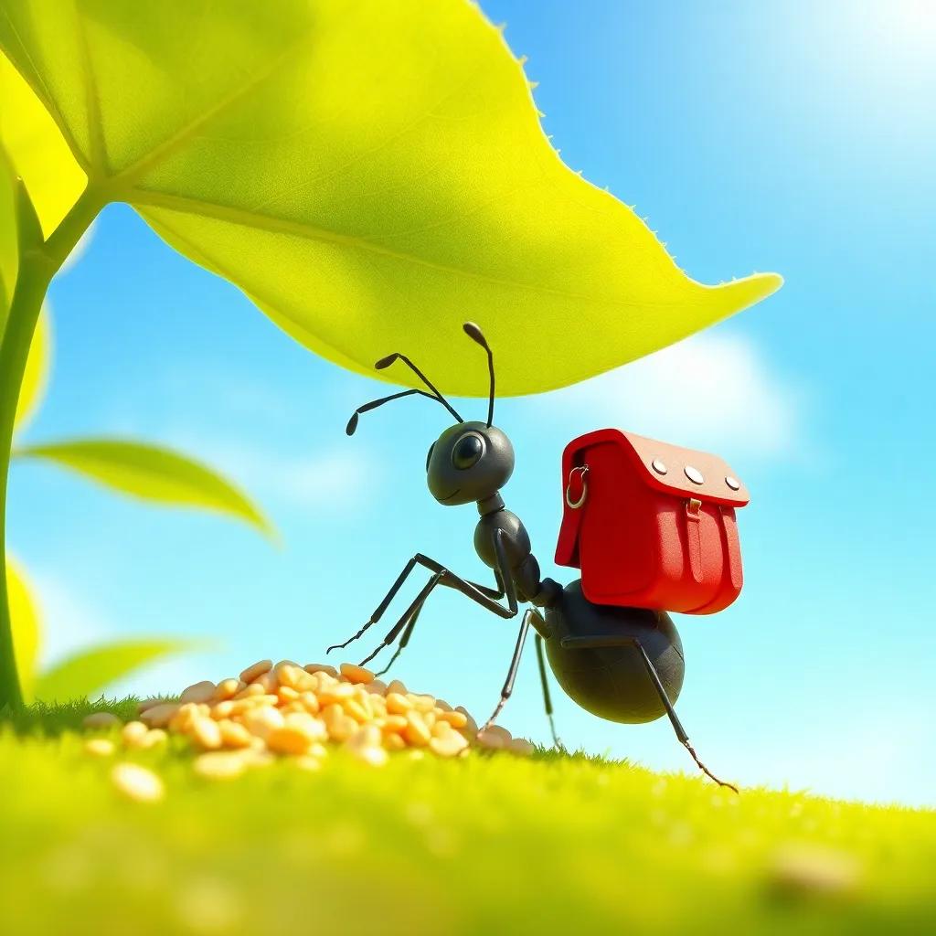 A busy ant, wearing a small red backpack, carrying grains of food to her nest under a green leaf, sunny day with bright blue sky, colorful and cheerful scene, vibrant colors, happy atmosphere, digital art, high quality