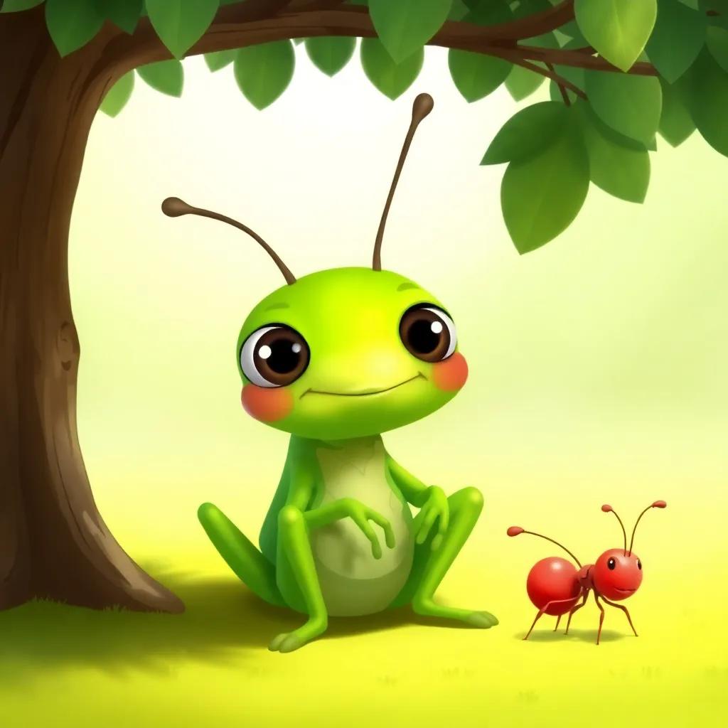 A lazy grasshopper, with big eyes and a relaxed smile, sitting under a tree, watching the ant work, playful and relaxed scene, light green surroundings, bright colors, whimsical and child-friendly, digital illustration, high quality