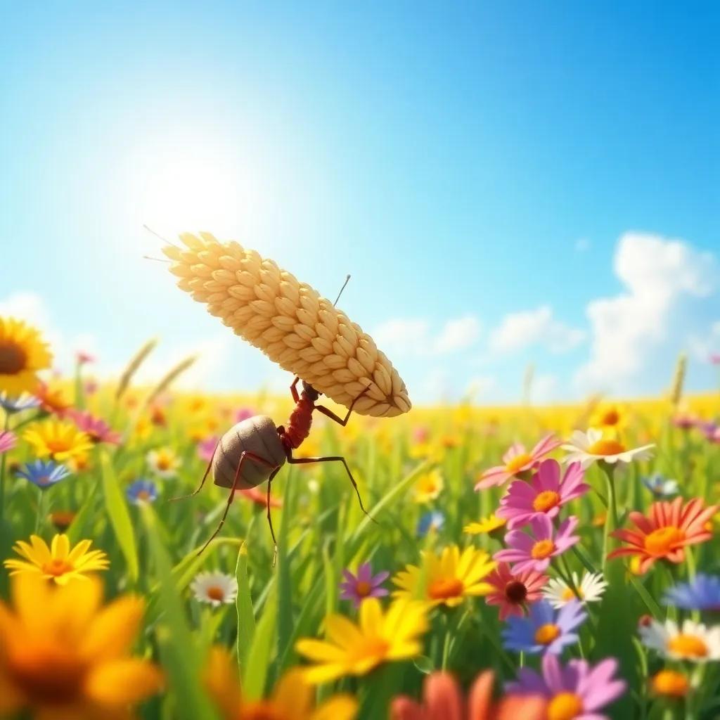 A sunny field with a busy ant carrying a large grain of wheat, bright colors, cheerful atmosphere, colorful flowers around, digital art, high quality