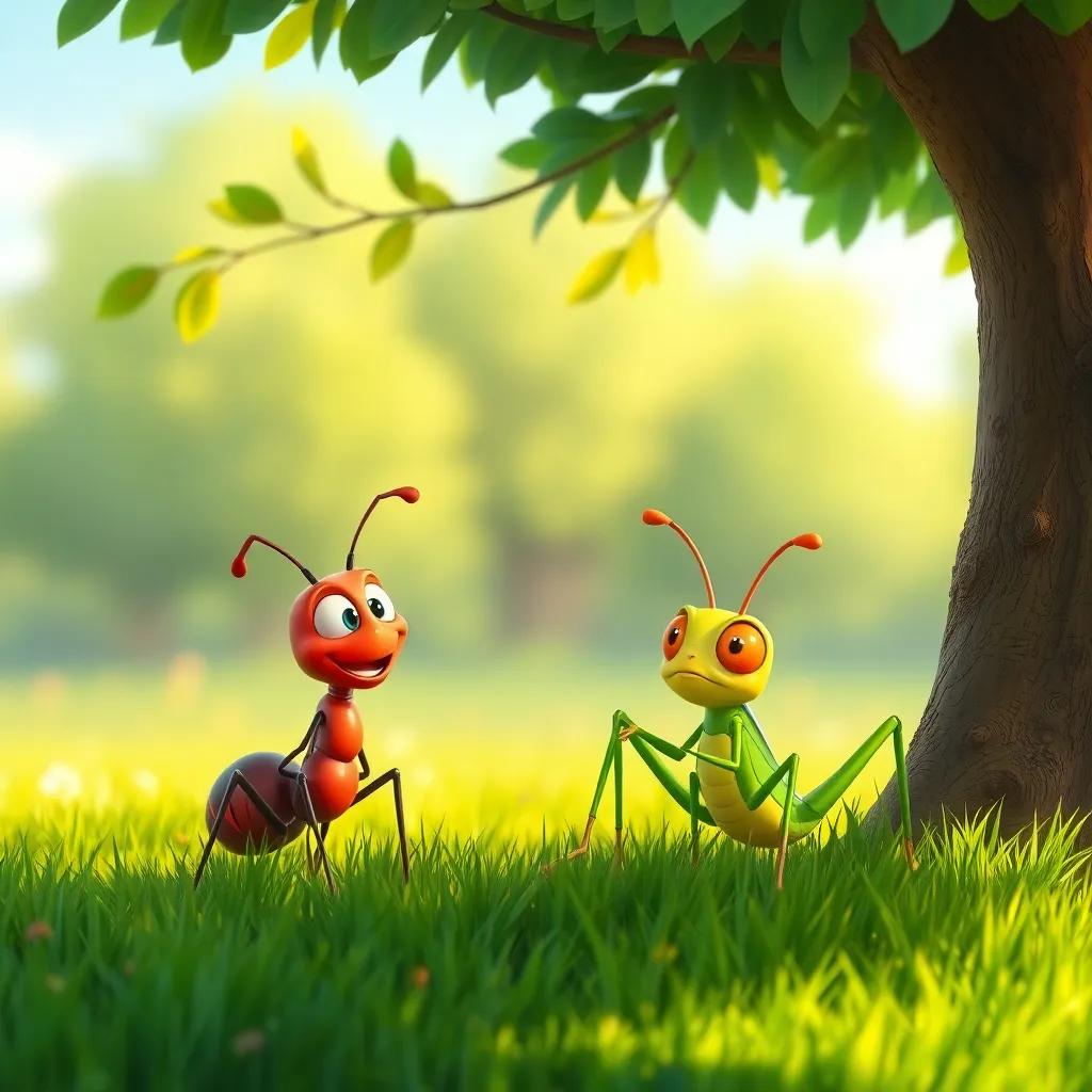 A cheerful ant talking to a lazy grasshopper sitting under the shade of a tree in a lively, green field, illustration, vibrant colors, warm light