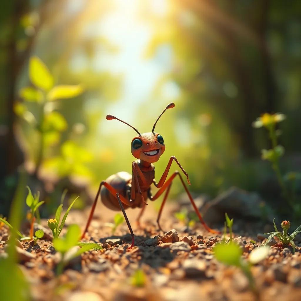 A determined ant working hard in the field, bright sunshine, surrounded by nature, showing effort and joy, digital painting, detailed