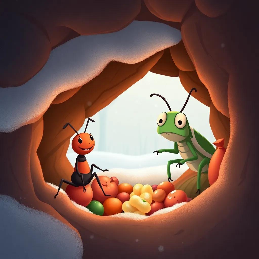 A cozy burrow filled with food and supplies during winter, a happy ant inside while a cold and sad grasshopper looks in from outside, illustration, cold colors, warm indoors contrasting