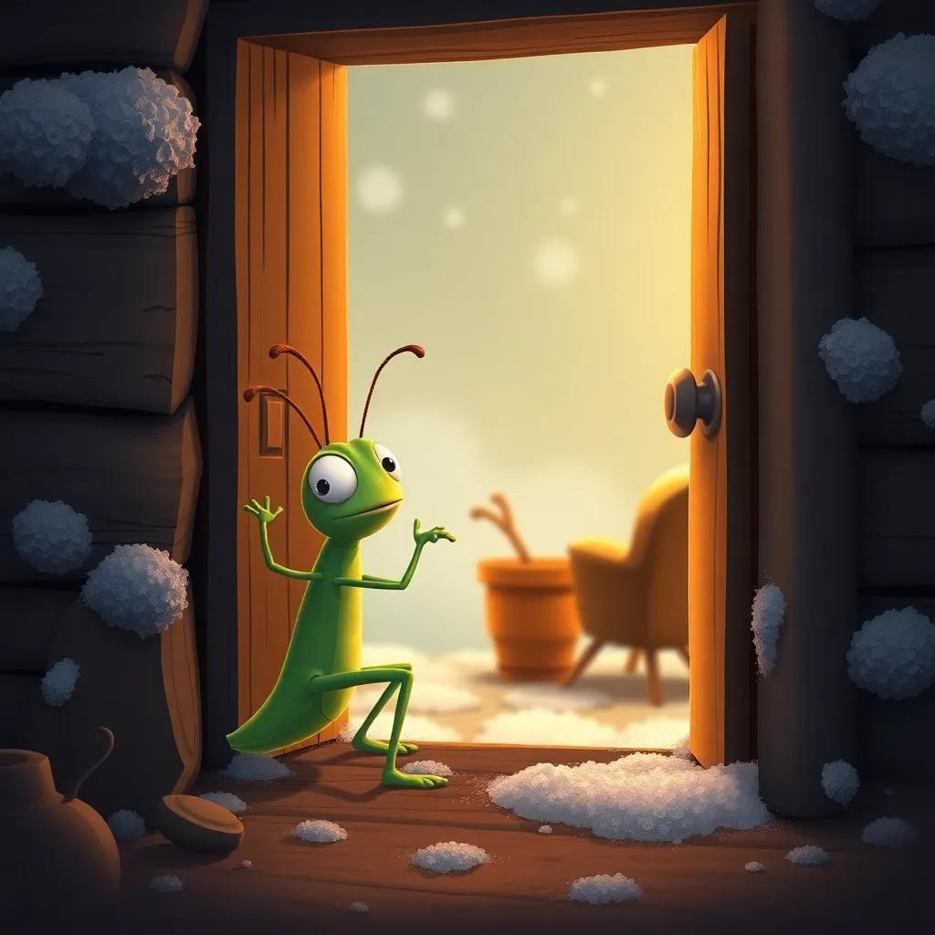 A hungry grasshopper knocking on an ant's door during winter, looking weak and pleading, cozy warm setting inside, illustration, heartfelt scene, high quality