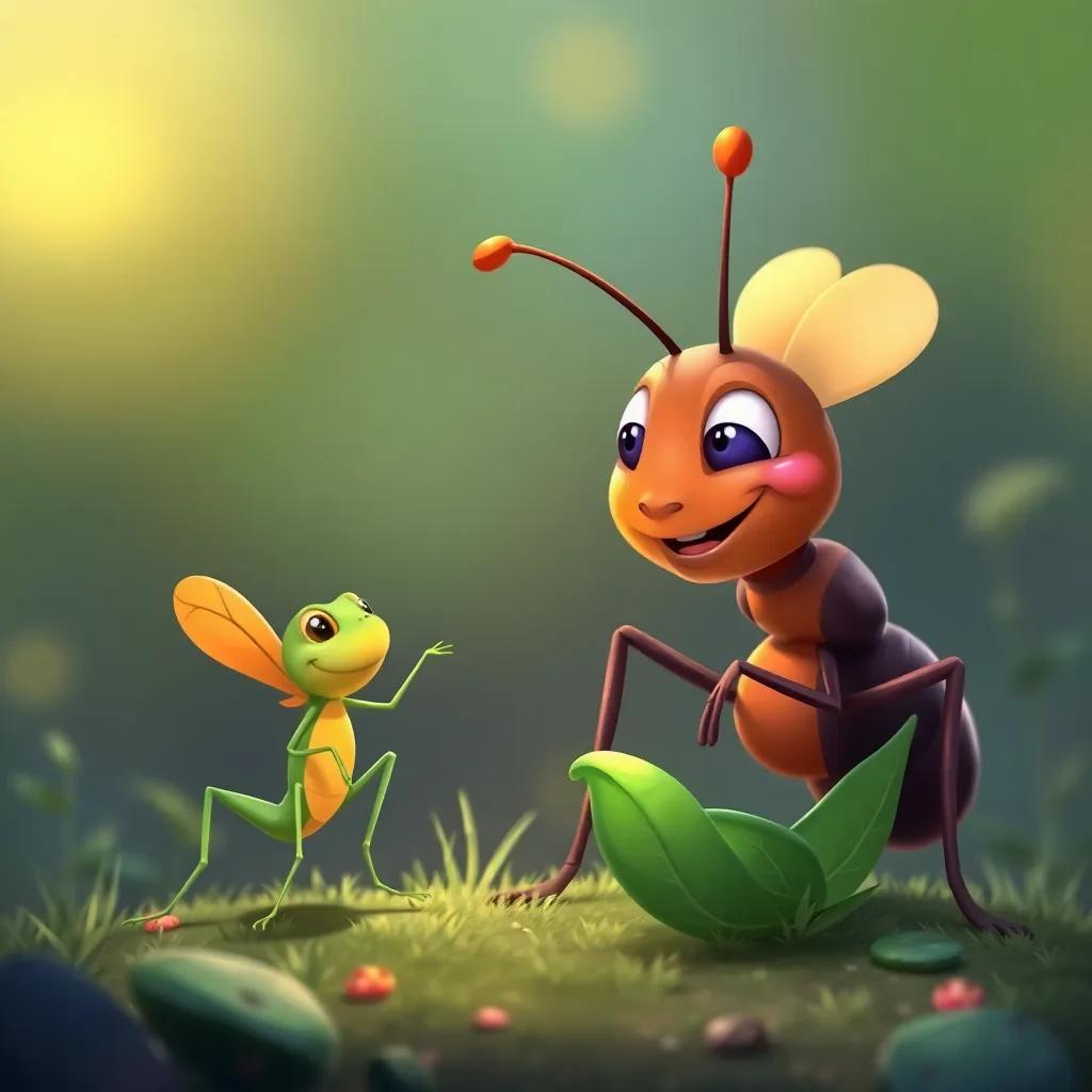 A wise ant giving life advice to a grasshopper with a kind smile, warmth and collaboration theme, illustration, vibrant colors, encouraging atmosphere