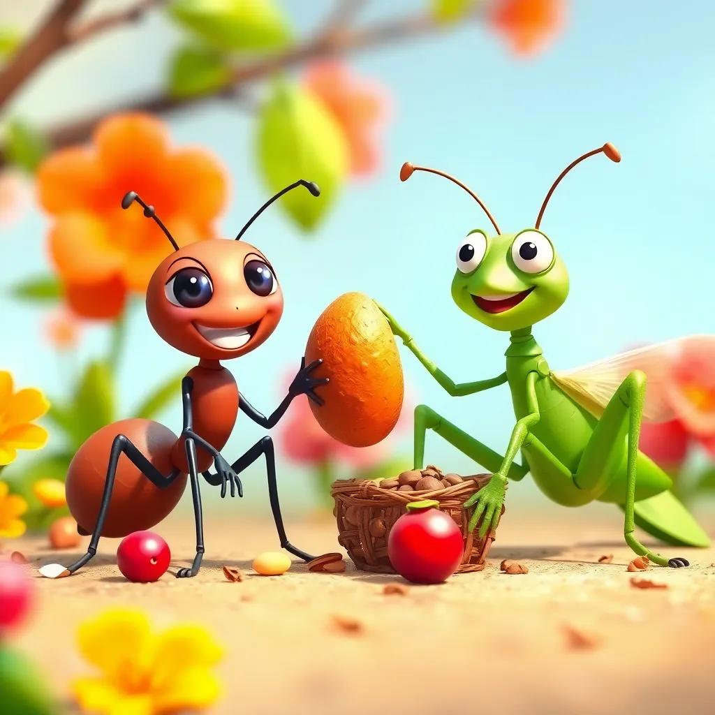 A happy ant and a committed grasshopper working together in spring, gathering food and experiencing joy, vibrant, bright colors, teamwork theme