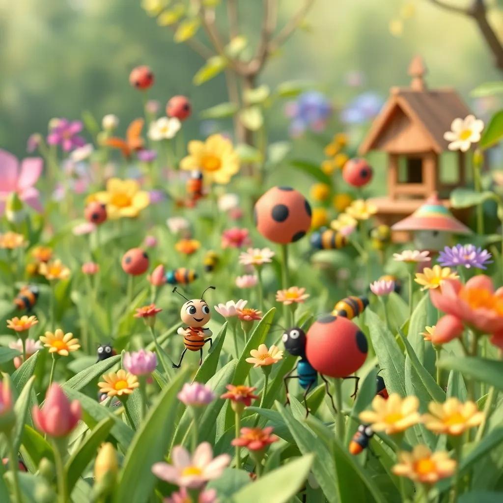 A bustling spring garden with various insects working together happily, representing hard work and friendship, colorful digital art, lively atmosphere