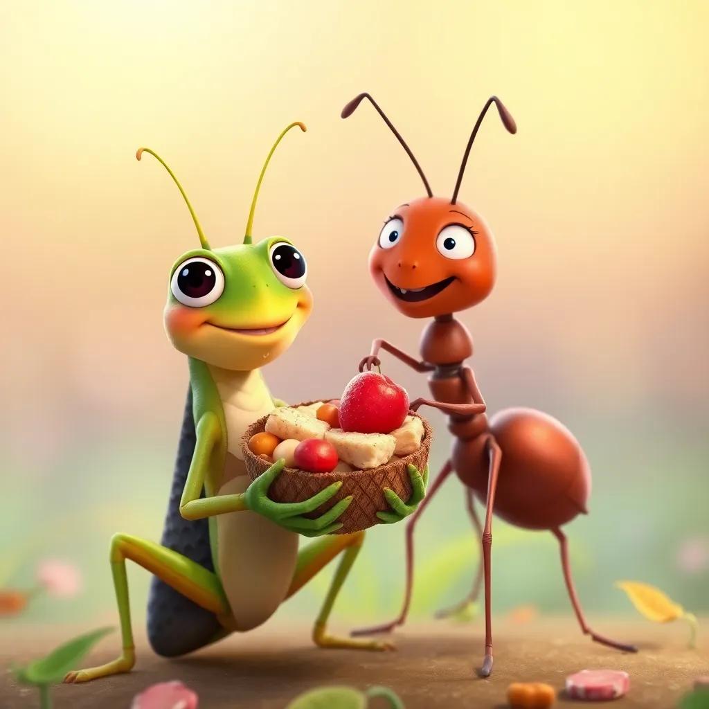 A grasshopper proudly showing its gathered food while the ant smiles and encourages it, warmth and triumph, bright colors