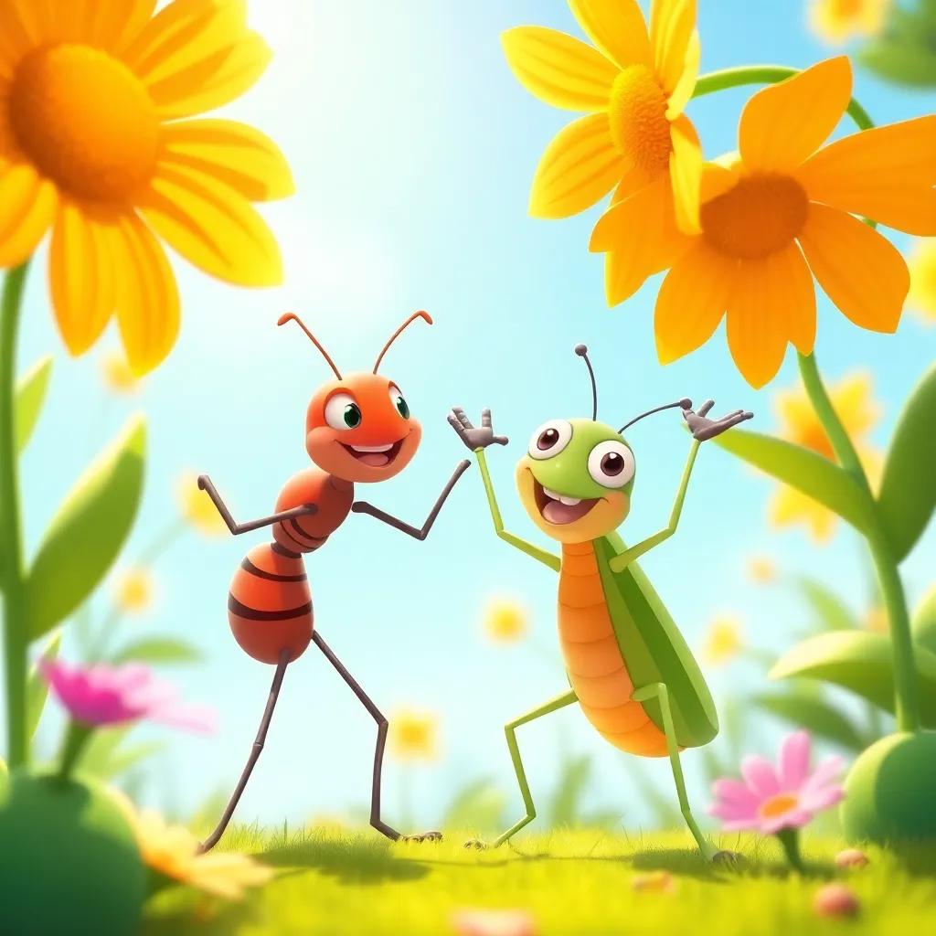 A bright sunny day in the spring with an ant and grasshopper celebrating their teamwork, depicting happiness and success, joyful illustration, vibrant colors
