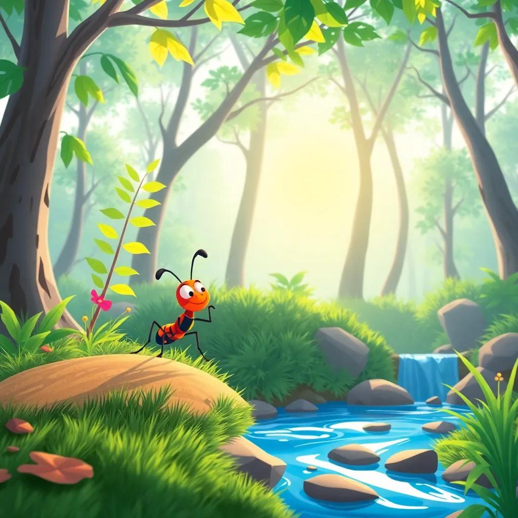 A small ant exploring the forest with bright sunshine, looking excited and thirsty near a river, cartoon style, vibrant colors, cheerful atmosphere, child-friendly, high quality