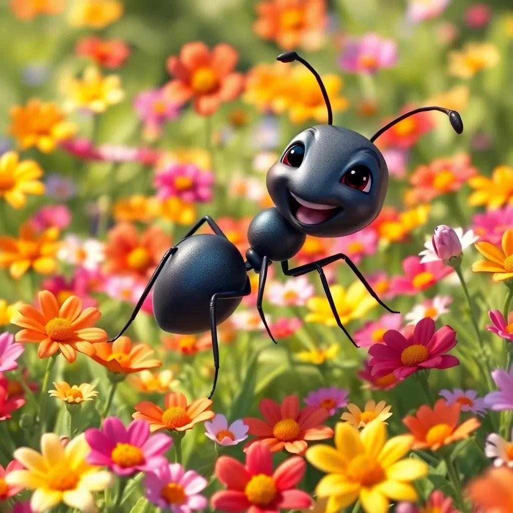 A small, cheerful ant, Sara, with a shiny black body and tiny legs, happily playing in a colorful flower garden filled with bright flowers, illustration, vibrant colors, sunny day, joyful atmosphere, high quality