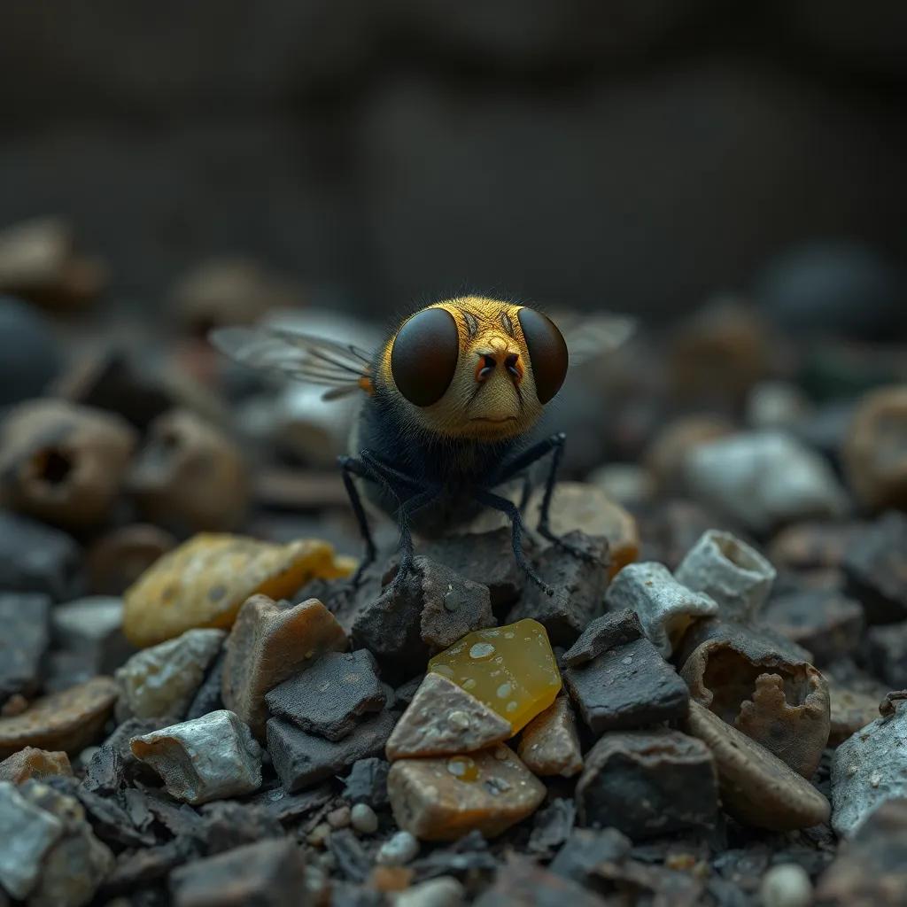 A buzzing fly, looking grumpy, sitting on a pile of trash, surrounded by old food and waste, digital art, dull colors, unpleasant setting, humorous perspective, high quality