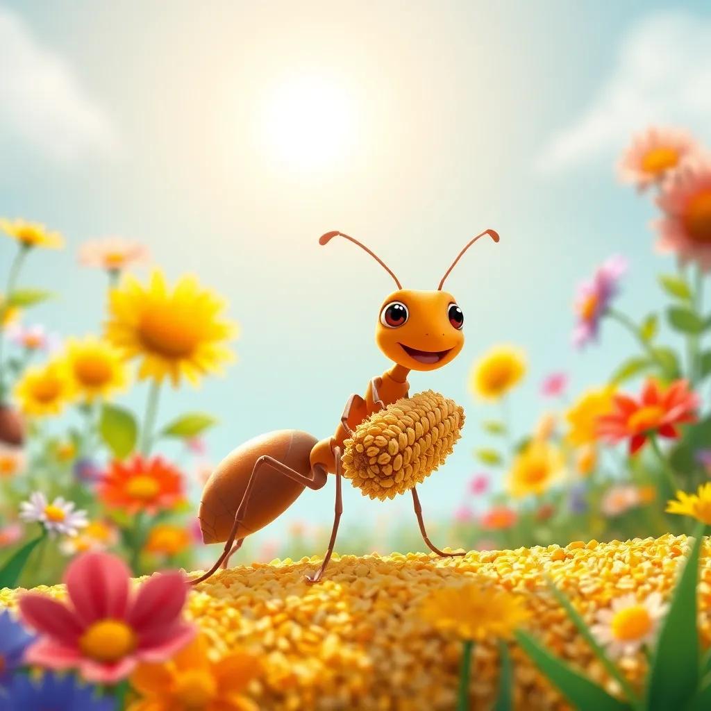 A hardworking ant carrying a grain of wheat under the bright sun, colorful flowers in the background, digital art, vibrant colors, cheerful atmosphere, high quality