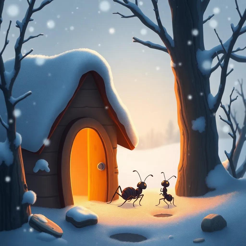 A winter scene with a snowstorm, a cricket knocking on the ant's house door, a cozy inside with the ant peeking out, warm light, snowy landscape, detailed illustration, inviting imagery