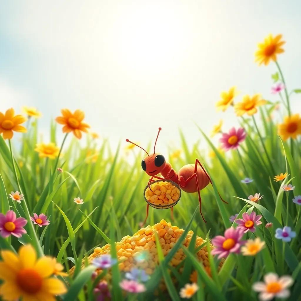 A hardworking ant collecting food under the bright sun, surrounded by green grass and colorful flowers, cheerful atmosphere, digital art, vibrant colors, high quality