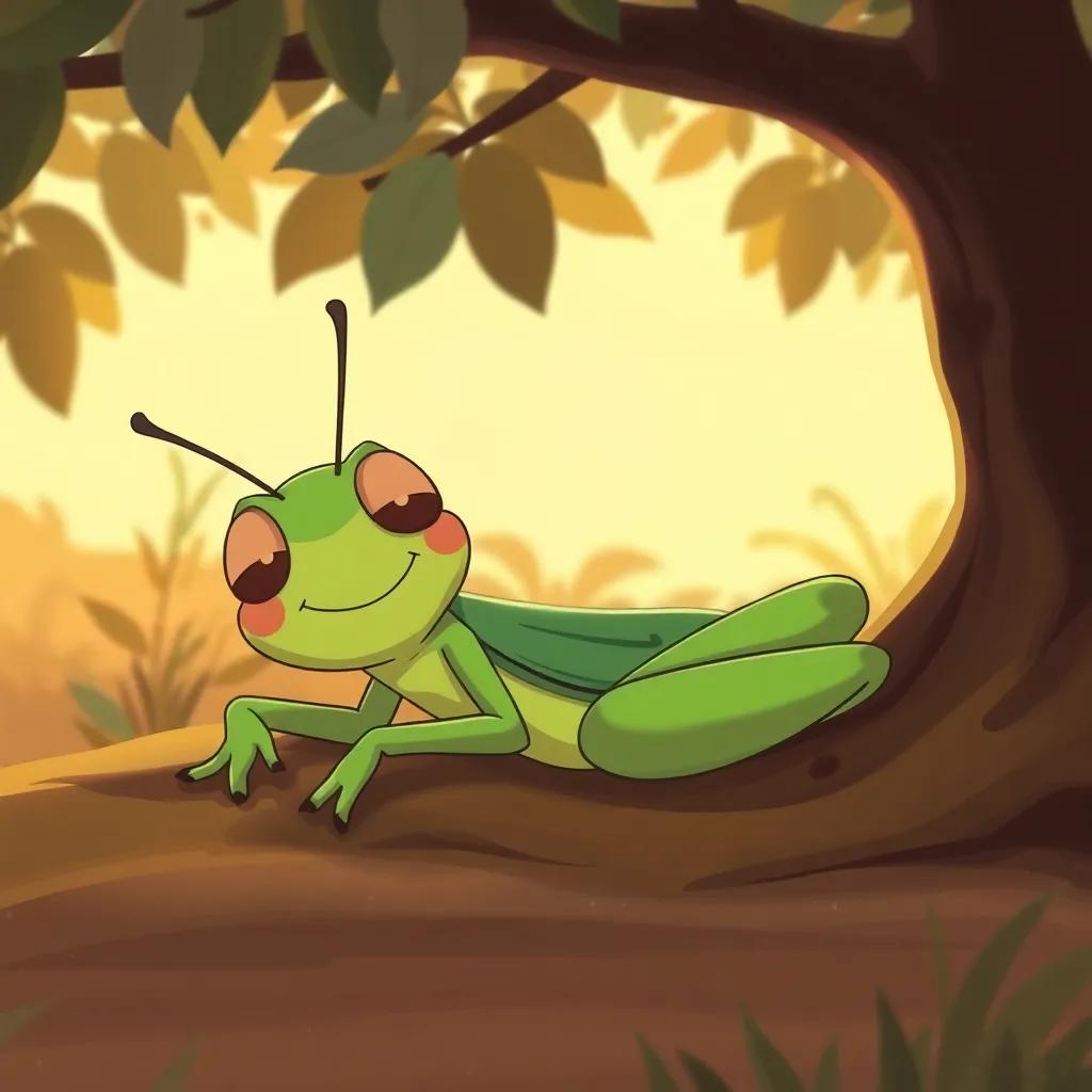 A lazy grasshopper lying in the shade of a tree, looking relaxed and carefree, with a lazy smile, illustration, playful style, warm tones
