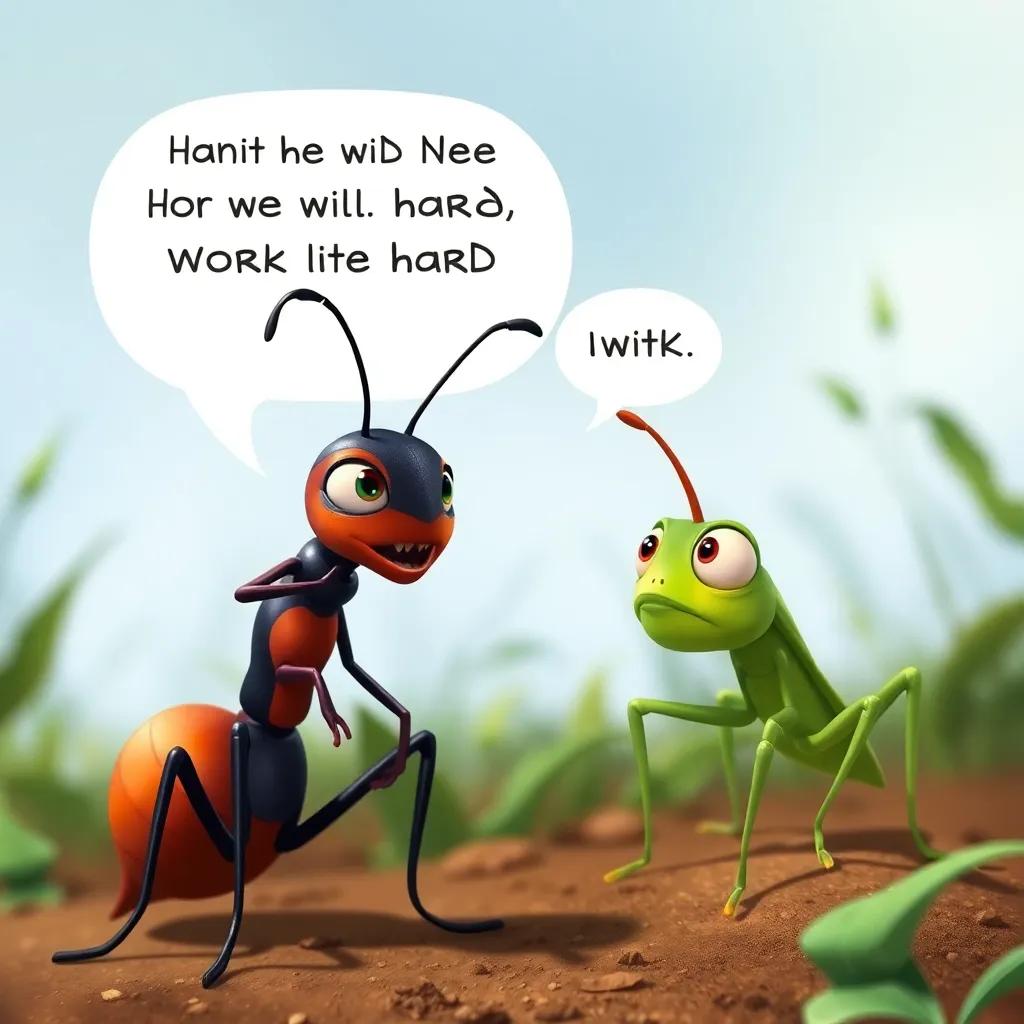 A busy ant explaining to the grasshopper about the need to work hard, with a determined expression, detailed scene, engaging, bright colors