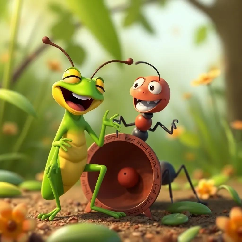 A laughing grasshopper singing and playing while the ant works hard, with joy in the background, cartoon style, lively colors, uplifting mood