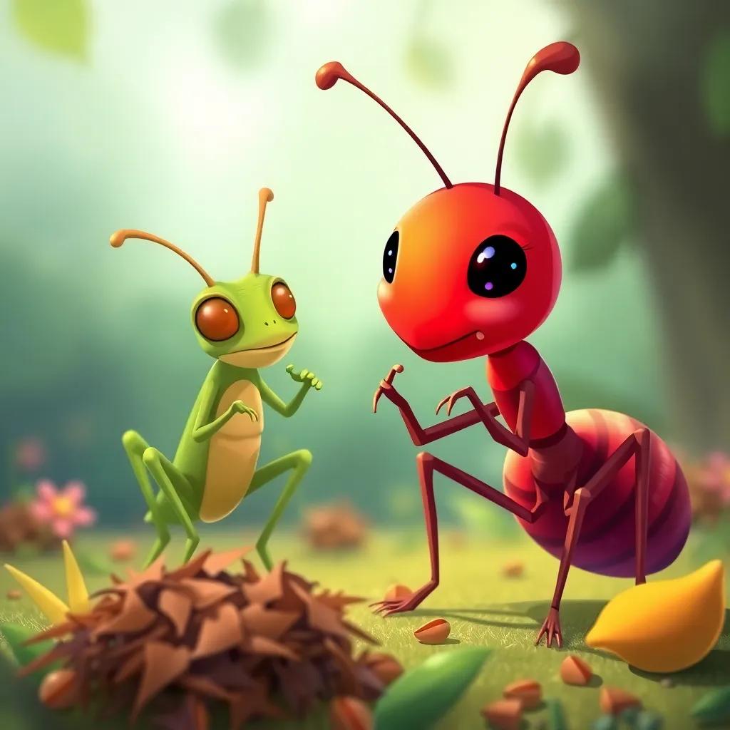 An ant focused on her work as the grasshopper plays, showcasing the contrast between diligence and laziness, vibrant and colorful, charming illustration