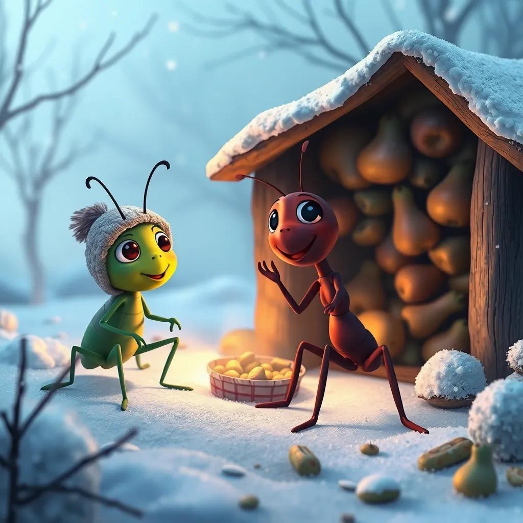 A cold winter scene with the hardworking ant having plenty of food stored up, feeling proud, while the grasshopper looks cold and hungry, digital image, warm details