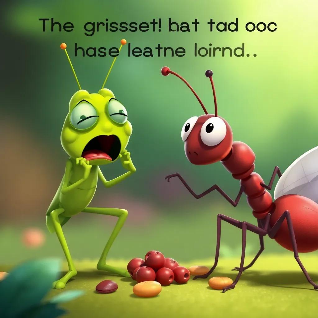 The grasshopper crying out for food, looking sad and hungry while the ant has plenty, emphasizing the lesson learned, colorful character illustrations, engaging
