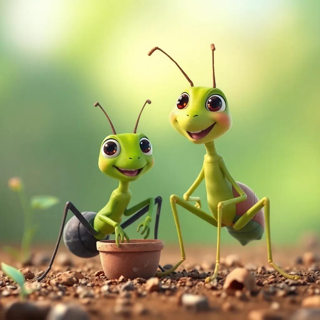 The grasshopper learning to work alongside the ant, both of them smiling happily, vibrant and clear, positive atmosphere