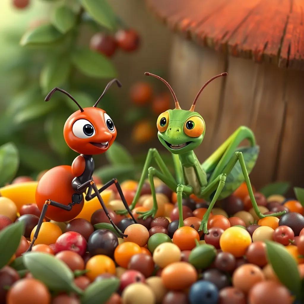 The ant and grasshopper happily living together, surrounded by plenty of food, showing a strong friendship, beautiful details, cheerful scene
