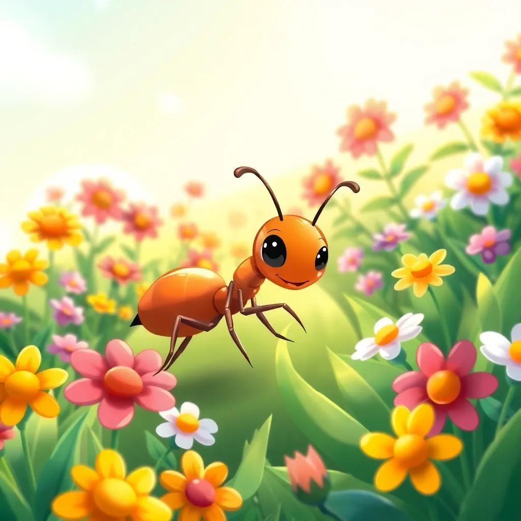 A small ant, Nanaf, diligently working in a colorful flower garden, with bright sunshine illuminating the scene, cartoon style, vibrant colors, cheerful atmosphere, close-up view, high quality