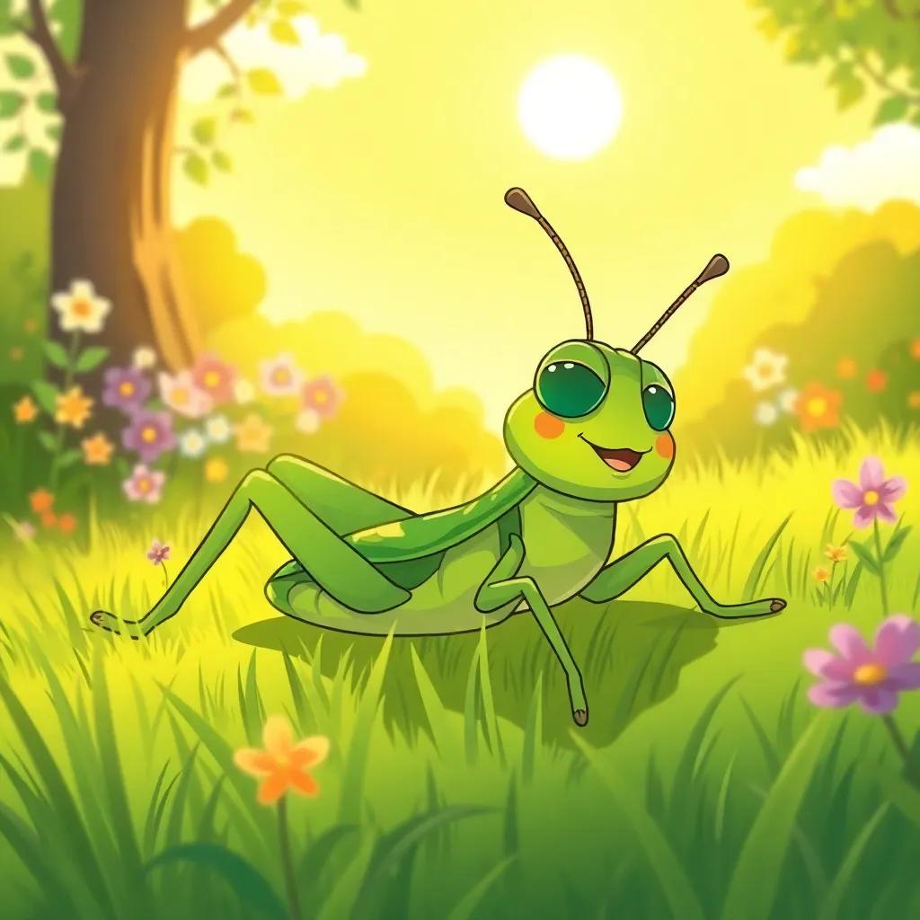 A friendly grasshopper, Sami, lying on the green grass, singing joyfully under the warm sunlight, leisurely background of flowers and trees, illustrated, playful, engaging perspective, vibrant colors, high detail