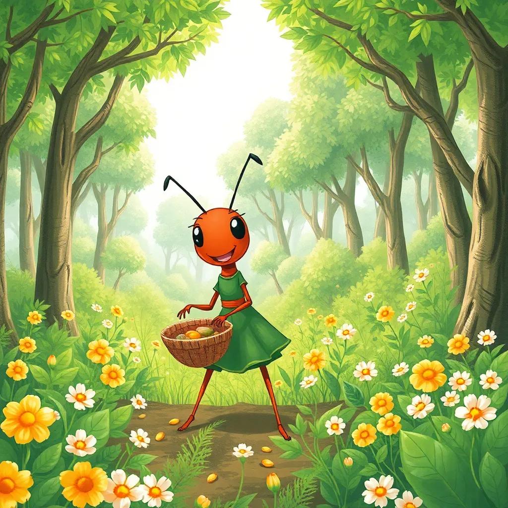 A hardworking ant, dressed in a small green dress, diligently collecting food in a vast green forest full of trees and flowers, bright sunny day, cheerful atmosphere, high quality